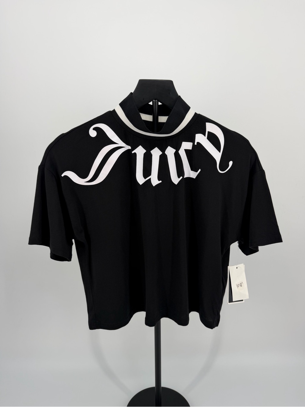 Juicy Couture Black Label Gothic Logo Boxy Tee XS Black Mock Neck NWT